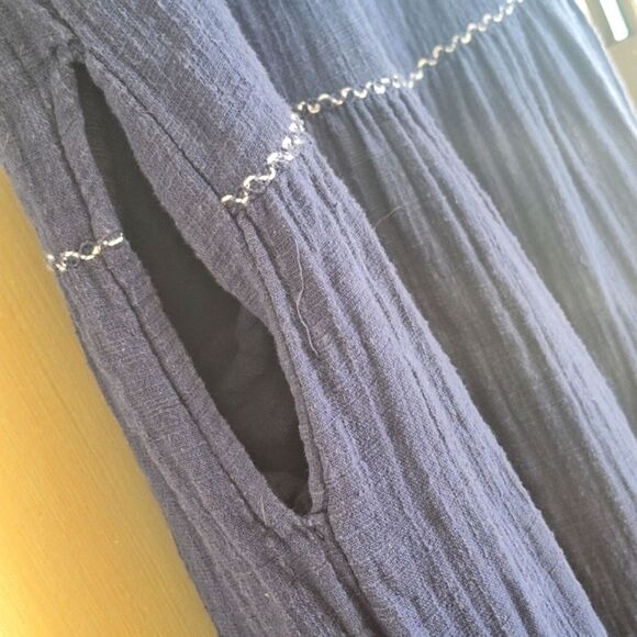 Max Studio Embroidered Sleeveless Dress Pockets Tiered Cotton Gauze XS Navy Blue - Picture 8 of 16